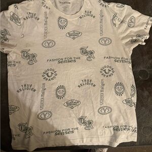 True Religion White Tee with Green All-Over Logos
